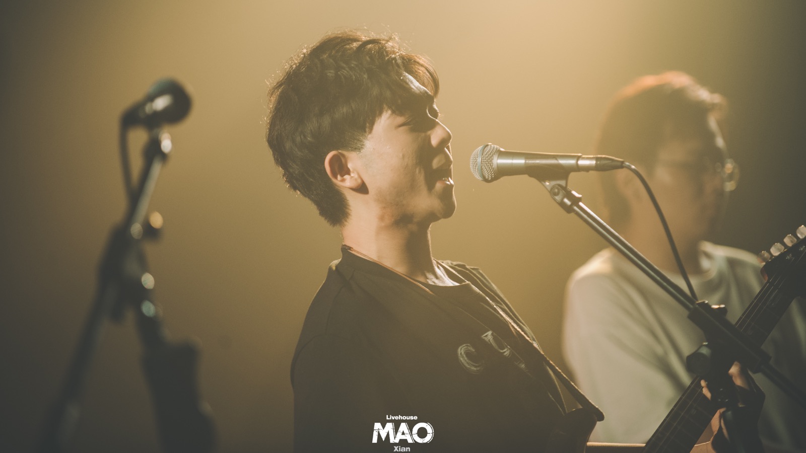 Older vocalist close-up at microphone